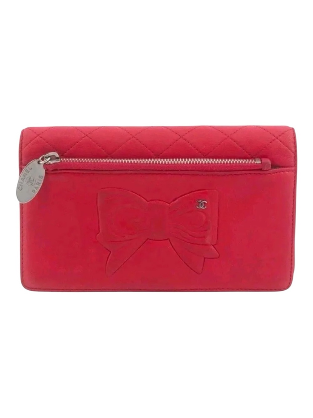 Chanel Cambon Bow Long Flap Wallet Red Suede Leather‎ Silver Hardware